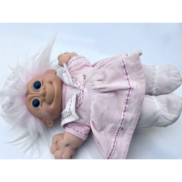 Other - Vintage Plush Troll Doll Pink Hair Blue Eyes Pink Corduroy Dress 14 Inch 90s Toy